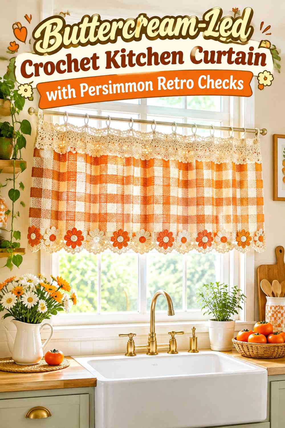Buttercream-Led Crochet Kitchen Curtain with Persimmon Retro Checks