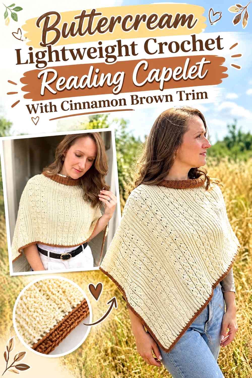 Buttercream Lightweight Crochet Reading Capelet With Cinnamon Brown Trim