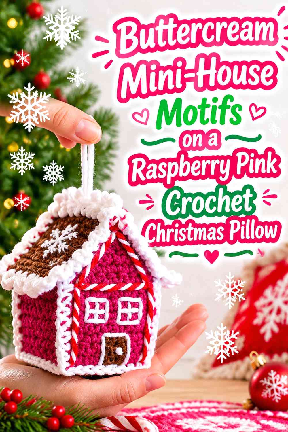 Buttercream Mini-House Motifs on a Raspberry Pink Crochet Christmas Pillow