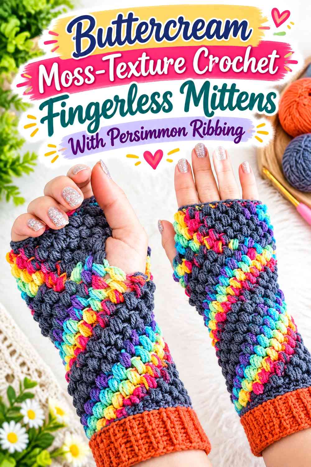 Buttercream Moss-Texture Crochet Fingerless Mittens With Persimmon Ribbing