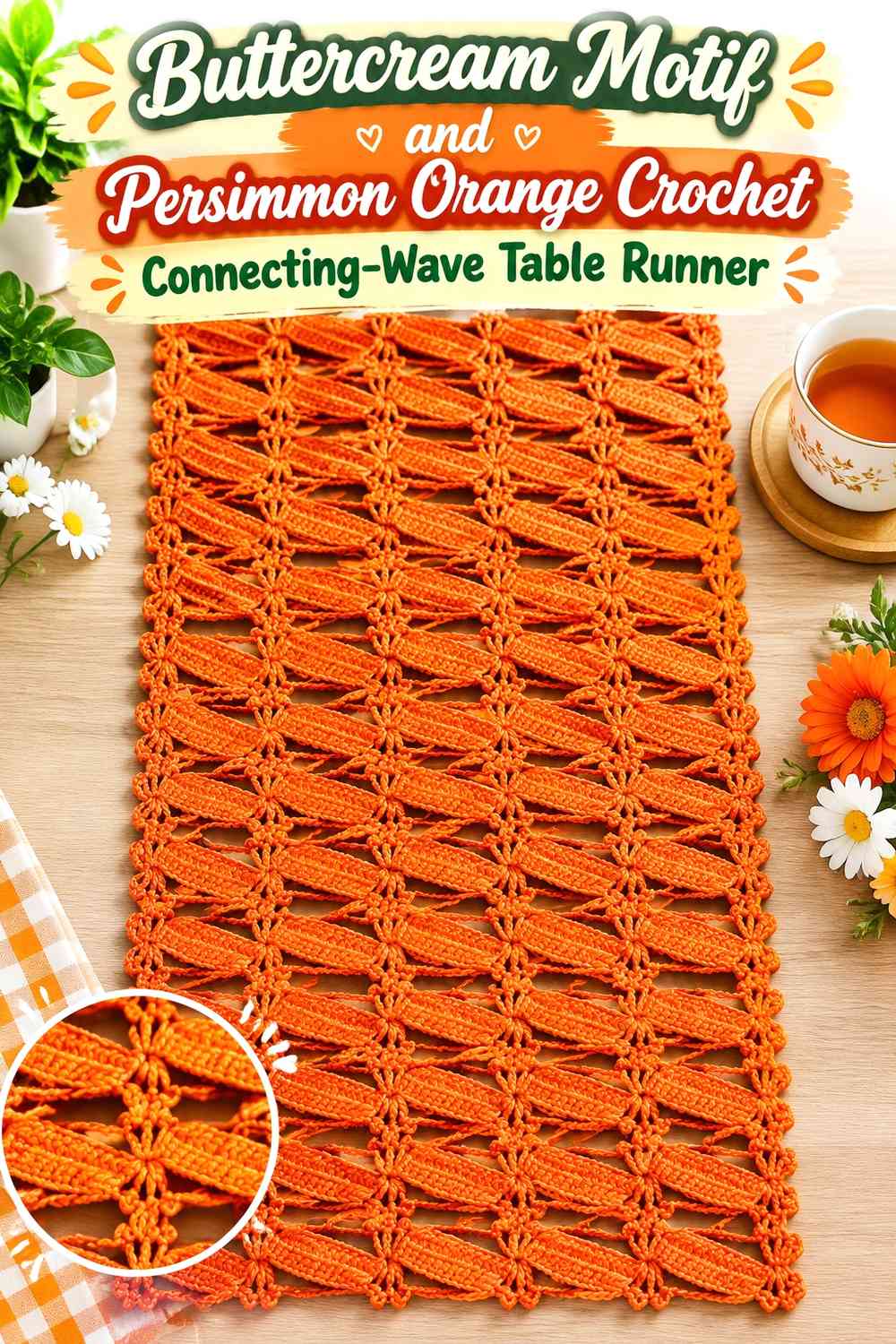 Buttercream Motif and Persimmon Orange Crochet Connecting-Wave Table Runner