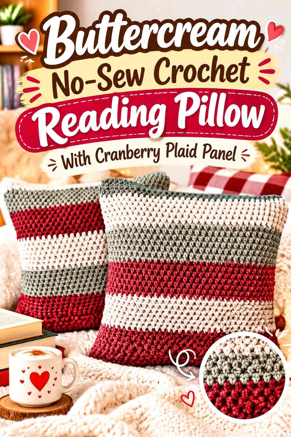 Buttercream No-Sew Crochet Reading Pillow With Cranberry Plaid Panel