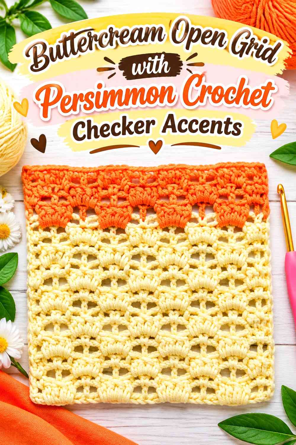 Buttercream Open Grid with Persimmon Crochet Checker Accents