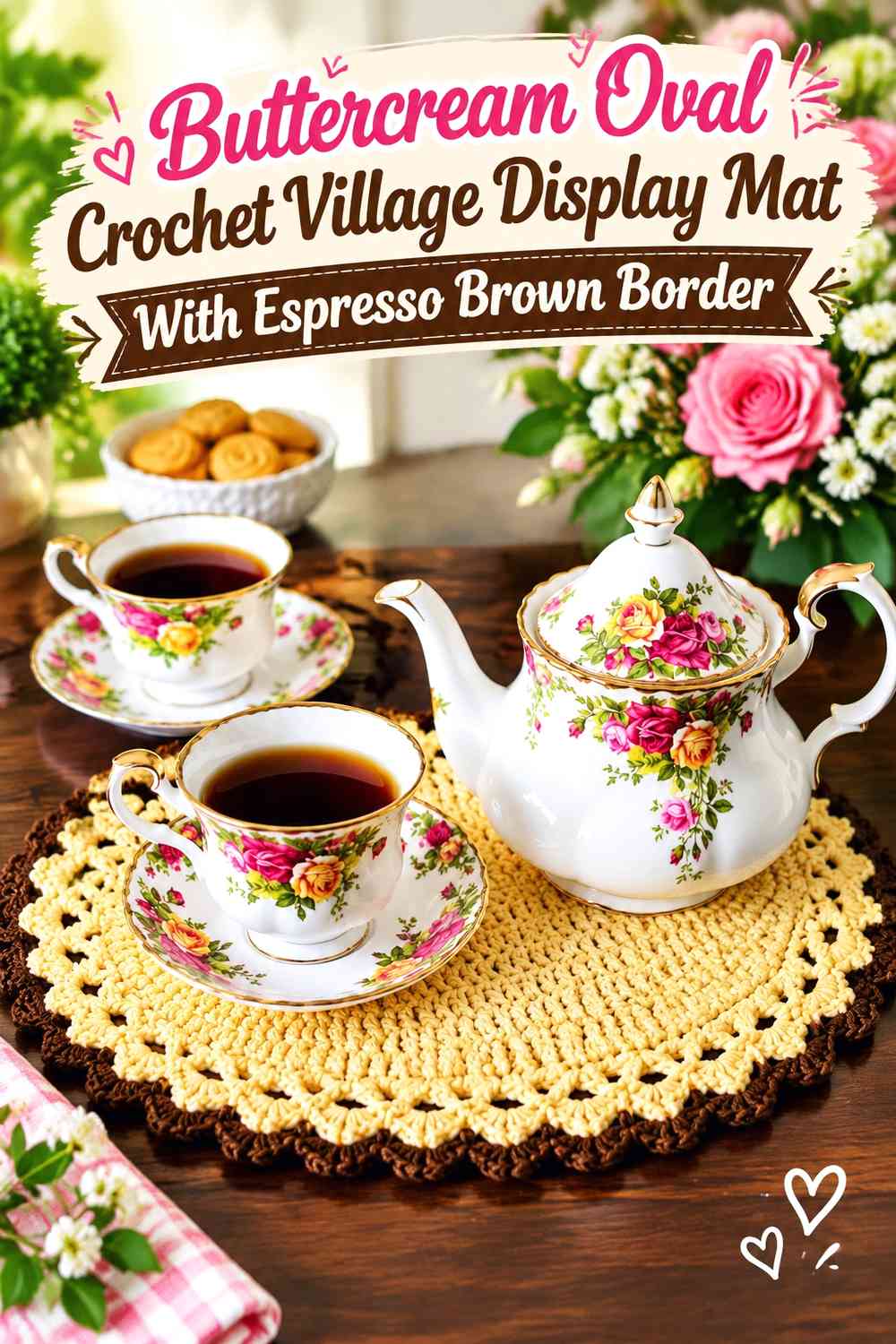 Buttercream Oval Crochet Village Display Mat With Espresso Brown Border