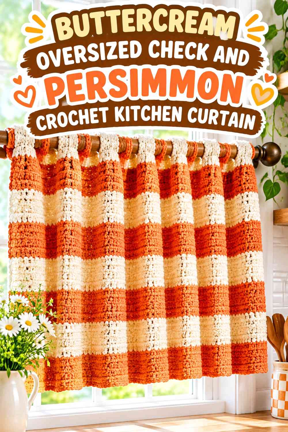 Buttercream Oversized Check and Persimmon Crochet Kitchen Curtain