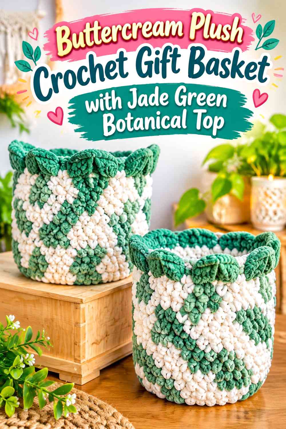Buttercream Plush Crochet Gift Basket with Jade Green Botanical Top