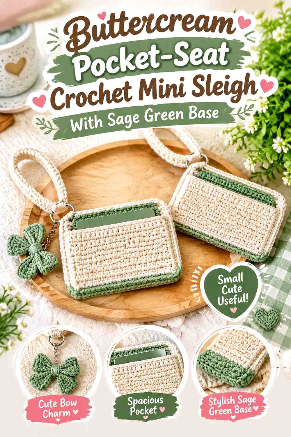 Buttercream Pocket-Seat Crochet Mini Sleigh With Sage Green Base