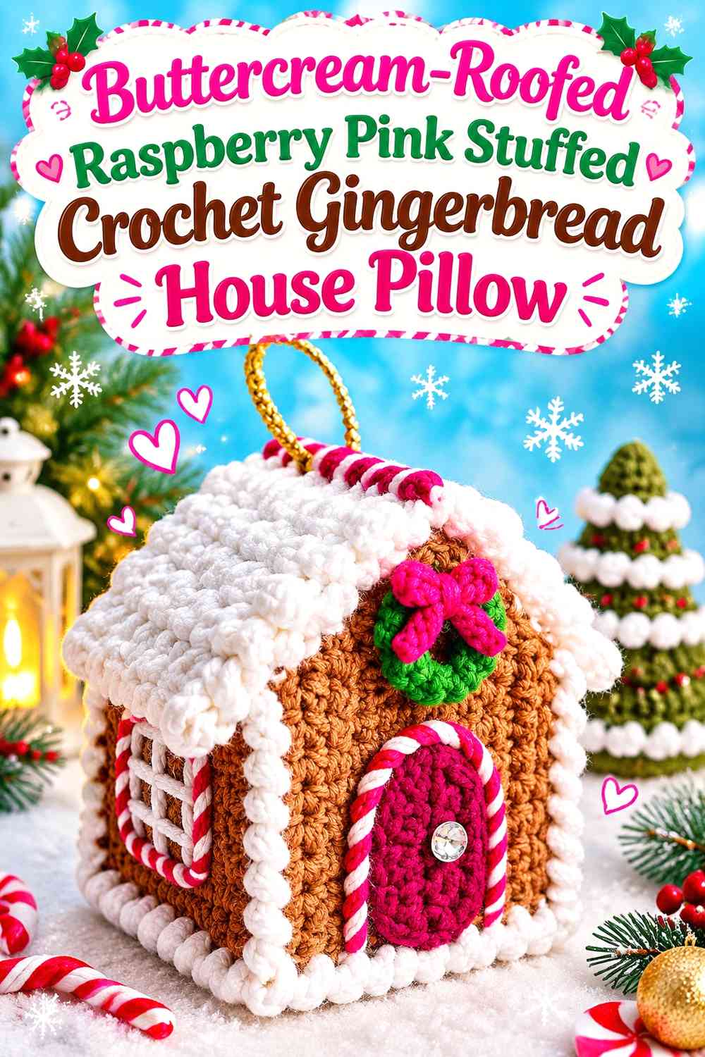 Buttercream-Roofed Raspberry Pink Stuffed Crochet Gingerbread House Pillow