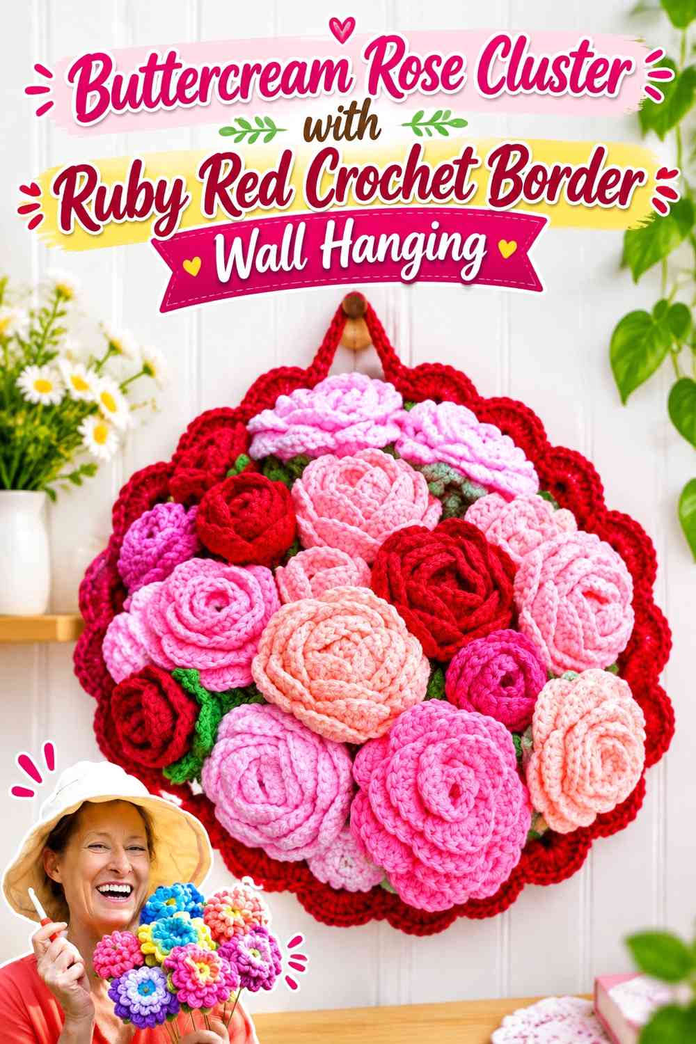 Buttercream Rose Cluster with Ruby Red Crochet Border Wall Hanging