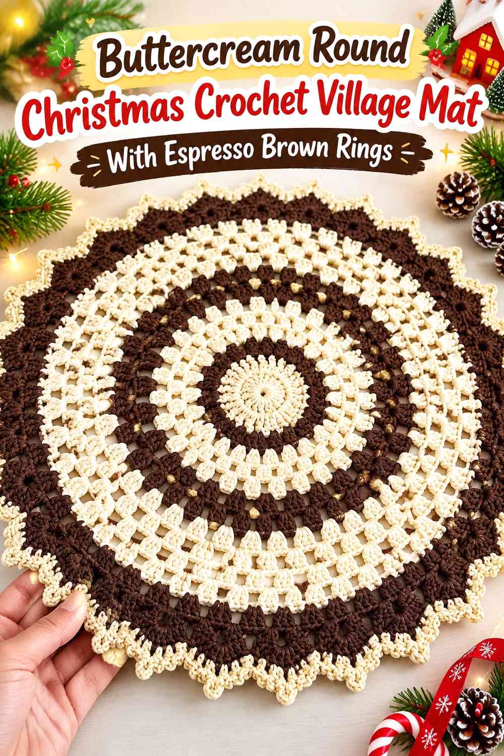 Buttercream Round Christmas Crochet Village Mat With Espresso Brown Rings