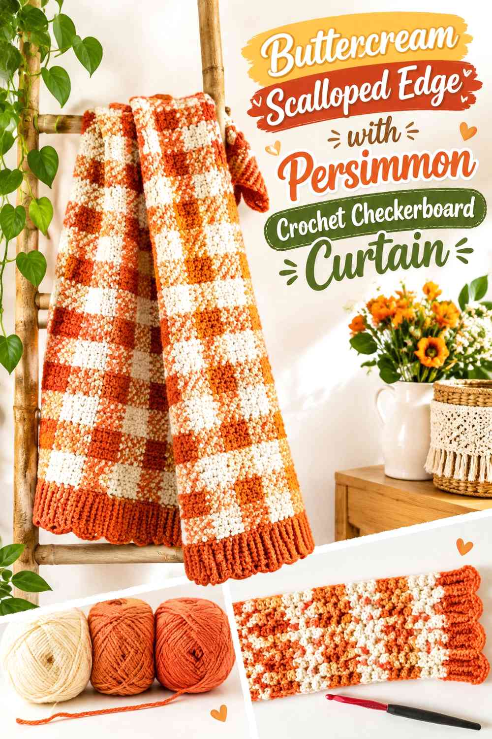 Buttercream Scalloped Edge with Persimmon Crochet Checkerboard Curtain