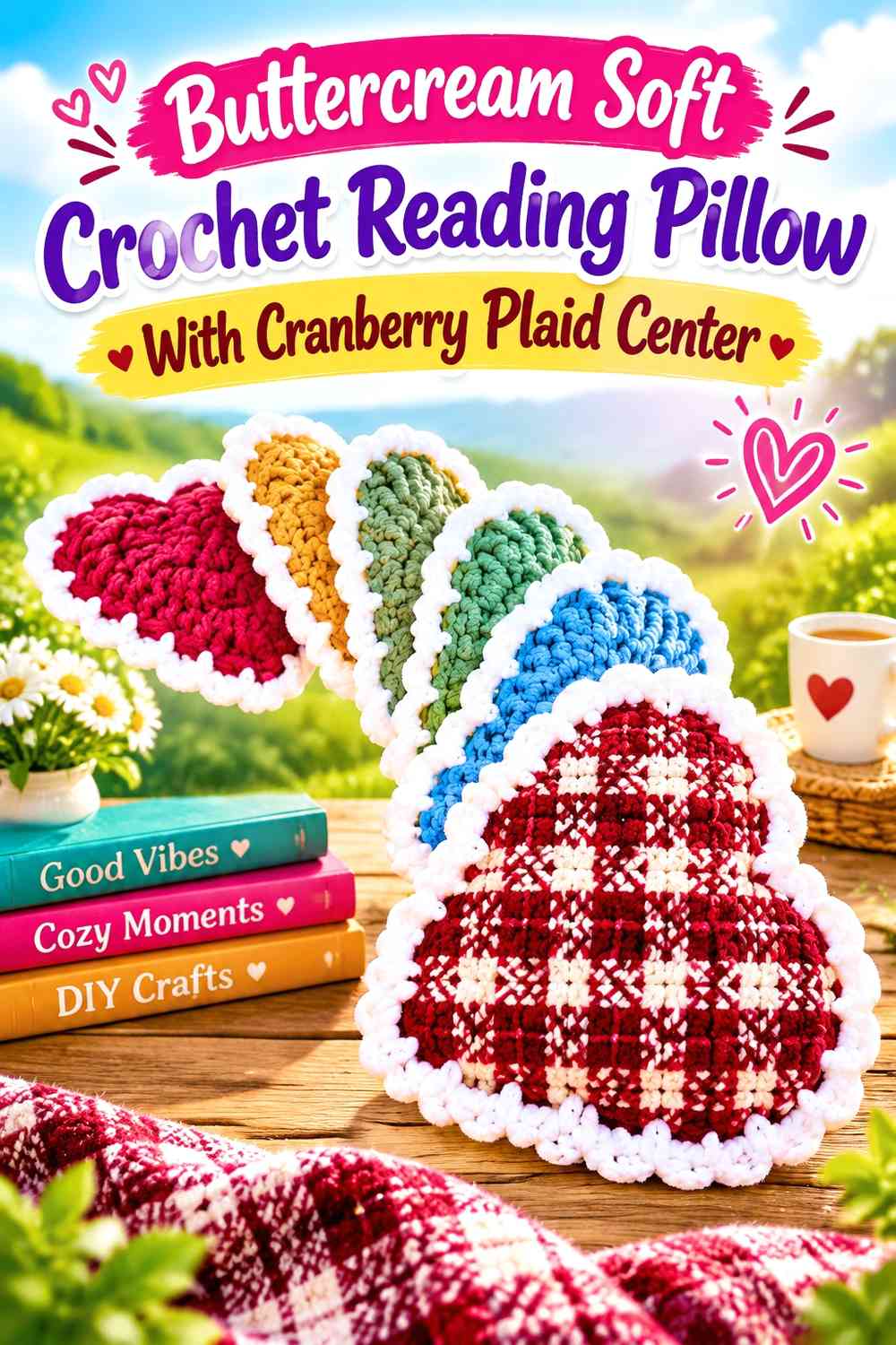 Buttercream Soft Crochet Reading Pillow With Cranberry Plaid Center