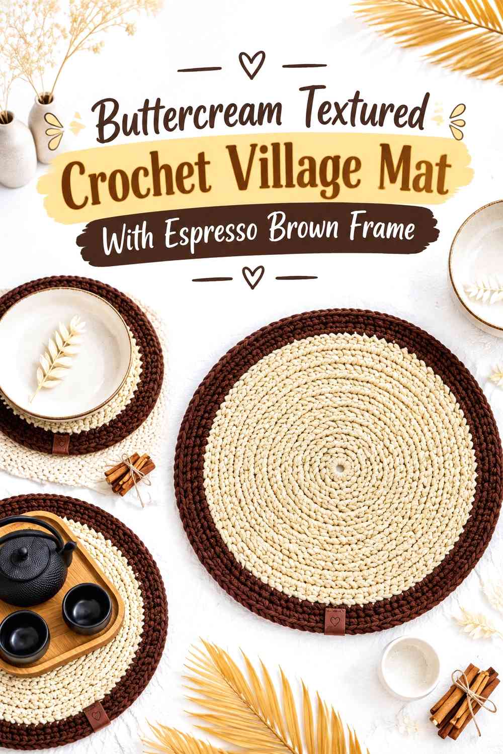 Buttercream Textured Crochet Village Mat With Espresso Brown Frame