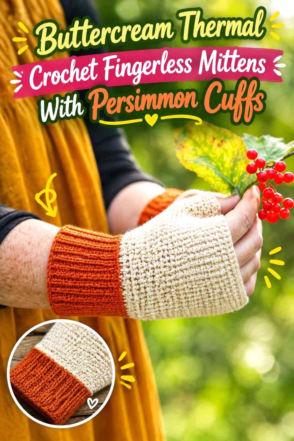 Buttercream Thermal Crochet Fingerless Mittens With Persimmon Cuffs