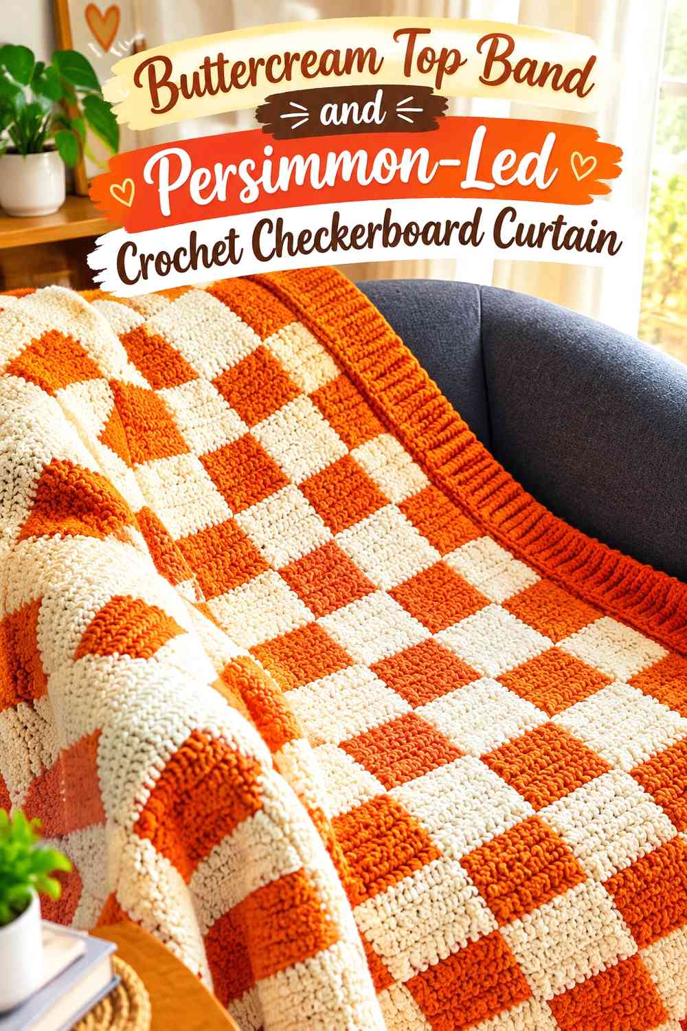 Buttercream Top Band and Persimmon-Led Crochet Checkerboard Curtain