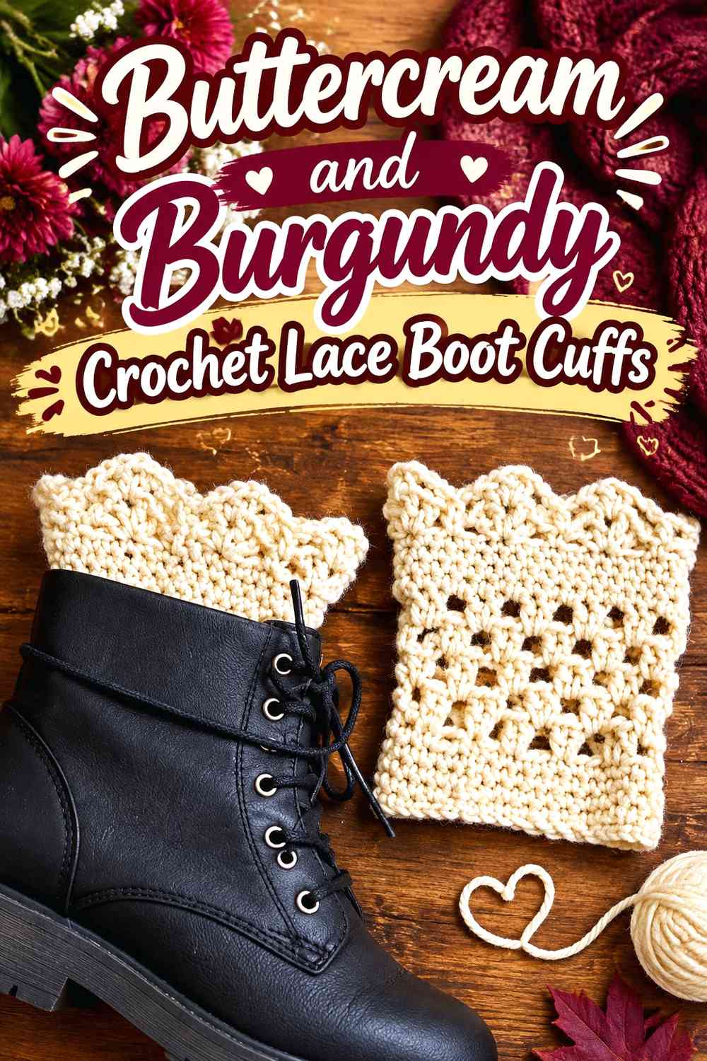 Buttercream and Burgundy Crochet Lace Boot Cuffs