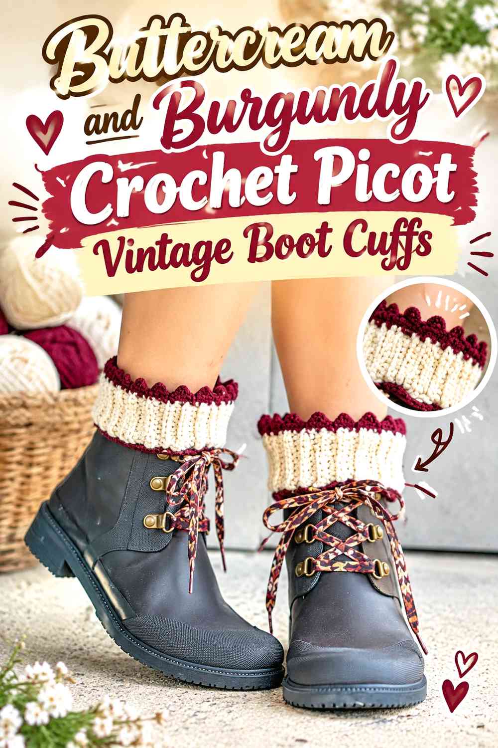 Buttercream and Burgundy Crochet Picot Vintage Boot Cuffs