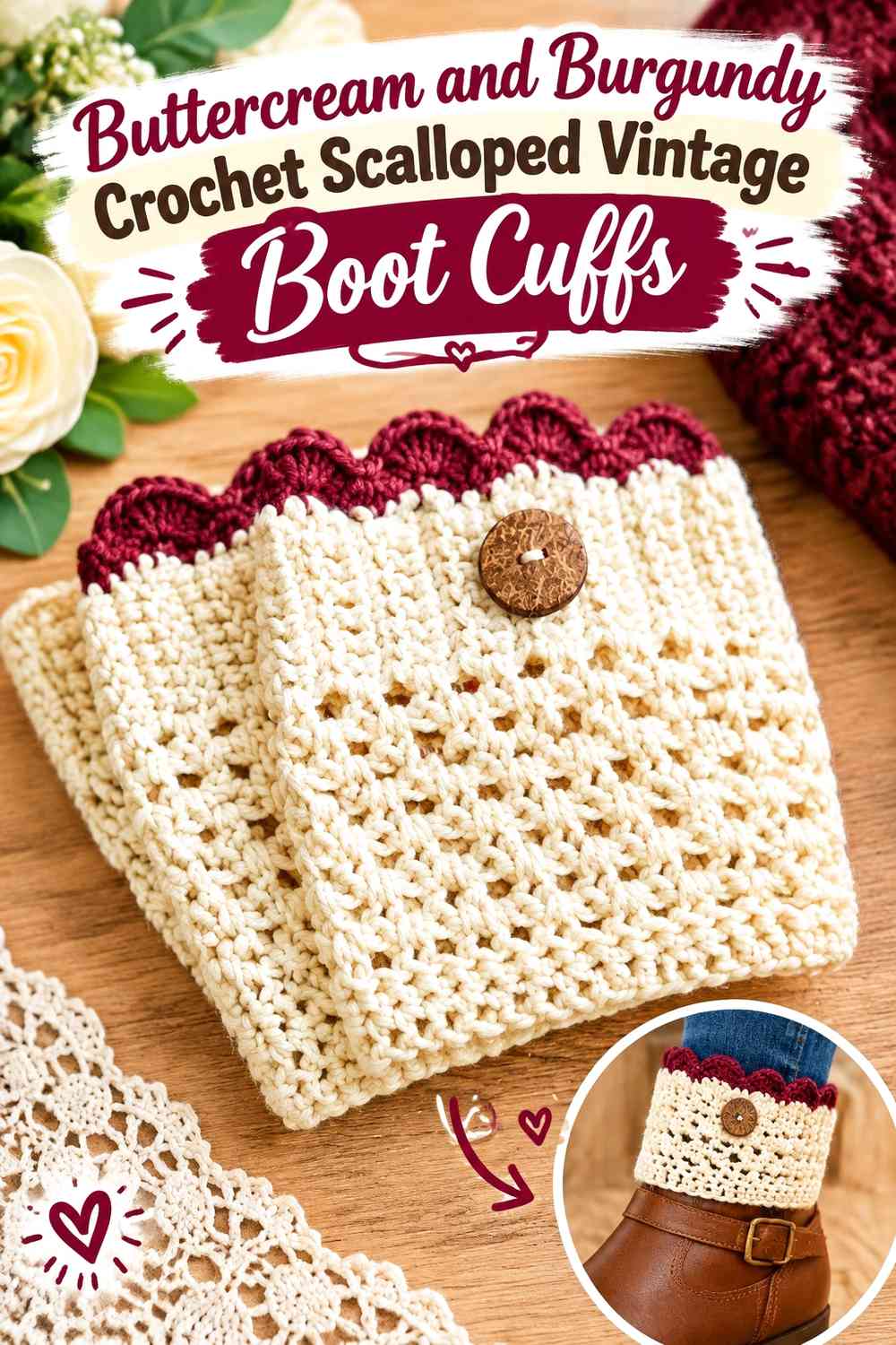 Buttercream and Burgundy Crochet Scalloped Vintage Boot Cuffs