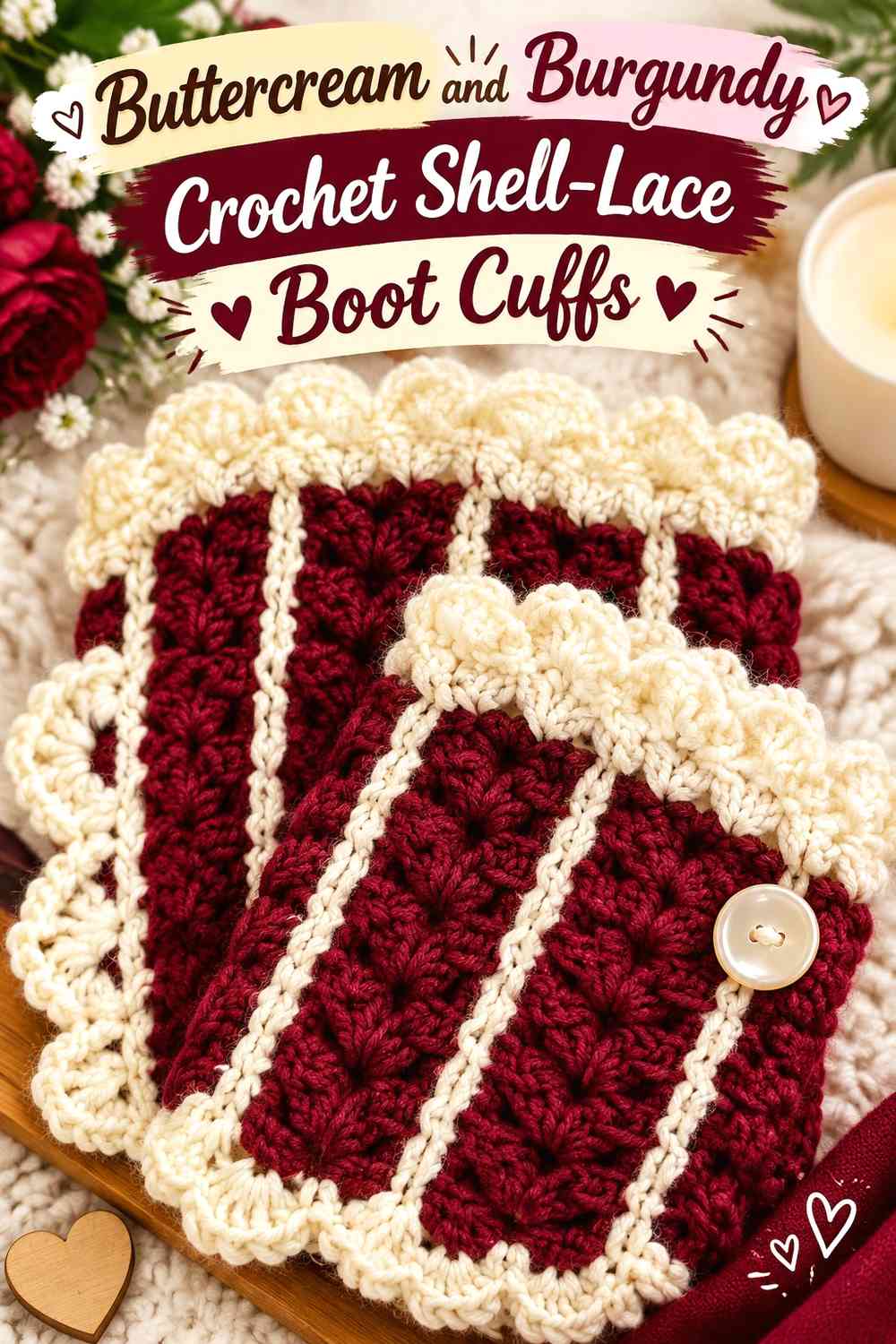 Buttercream and Burgundy Crochet Shell-Lace Boot Cuffs