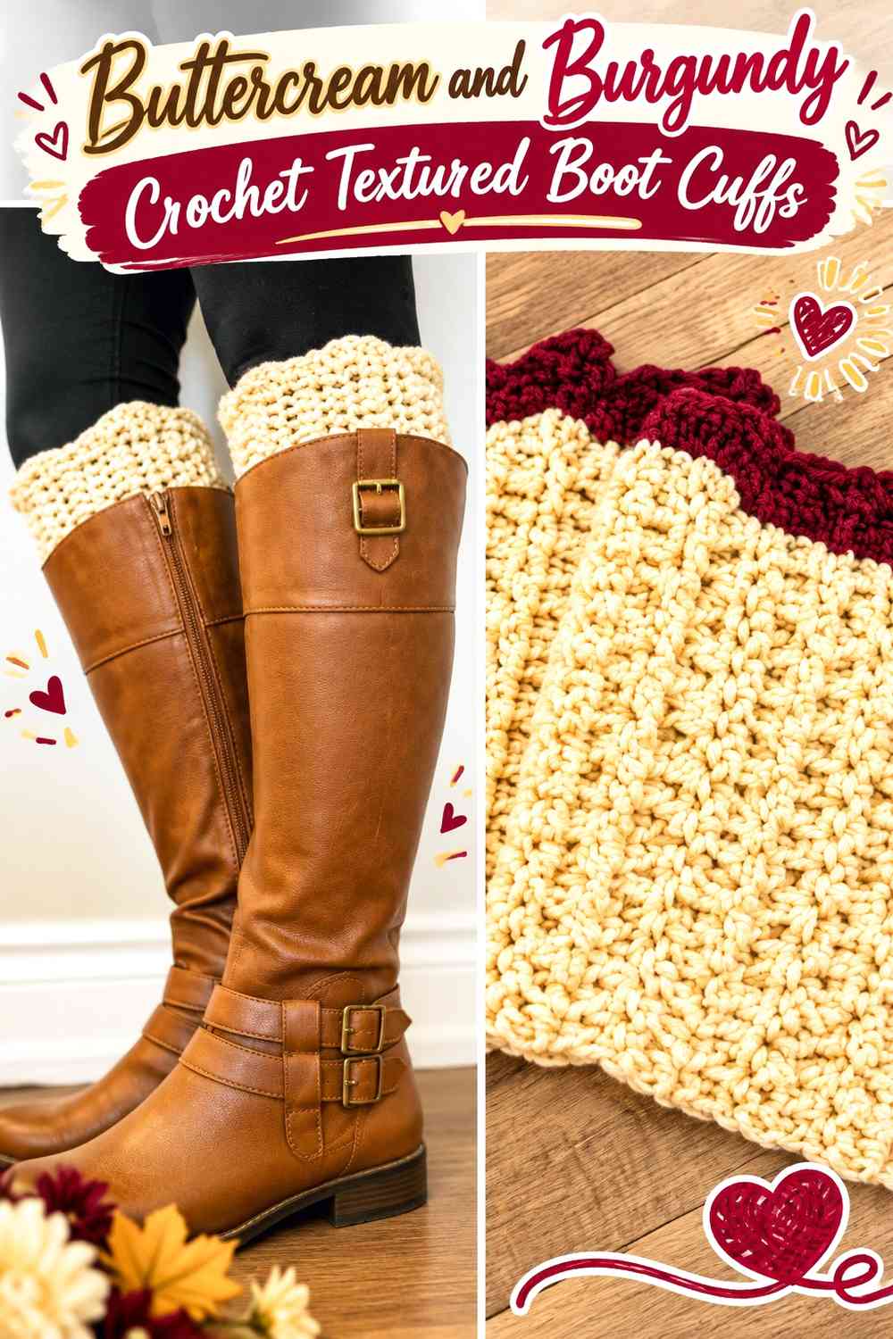 Buttercream and Burgundy Crochet Textured Boot Cuffs