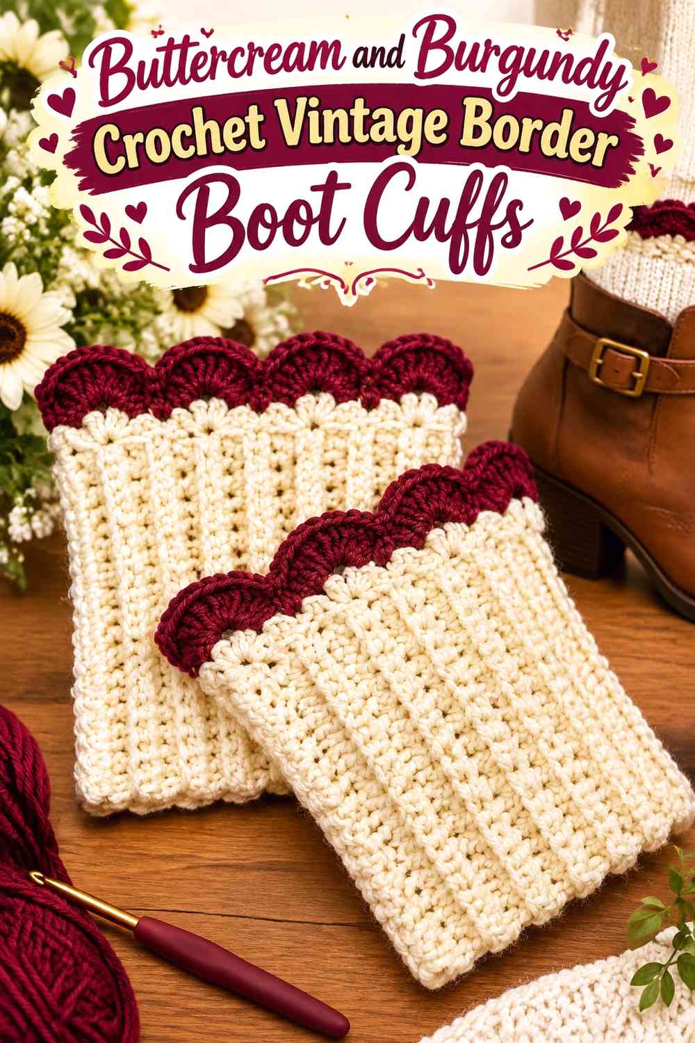 Buttercream and Burgundy Crochet Vintage Border Boot Cuffs