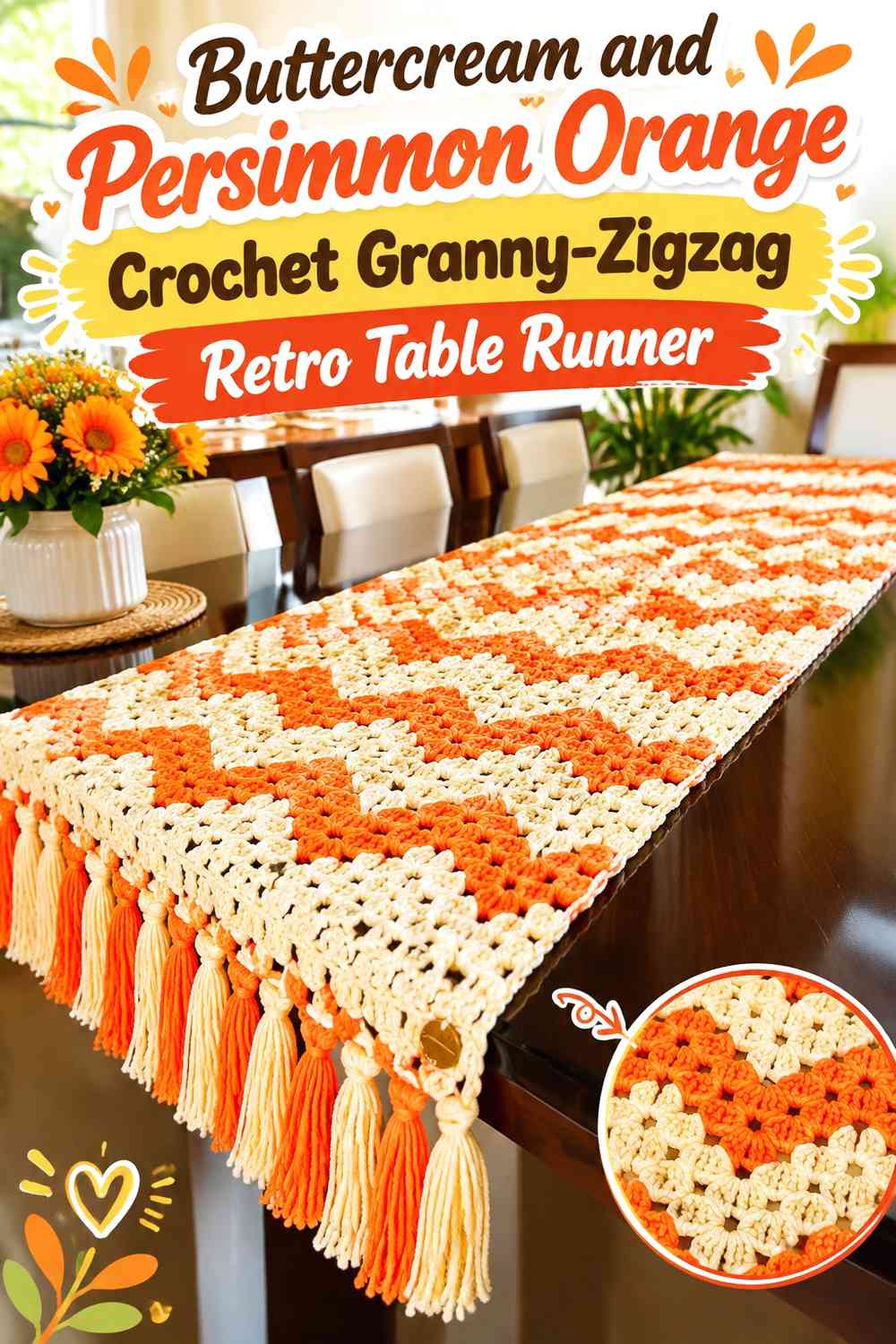 Buttercream and Persimmon Orange Crochet Granny-Zigzag Retro Table Runner