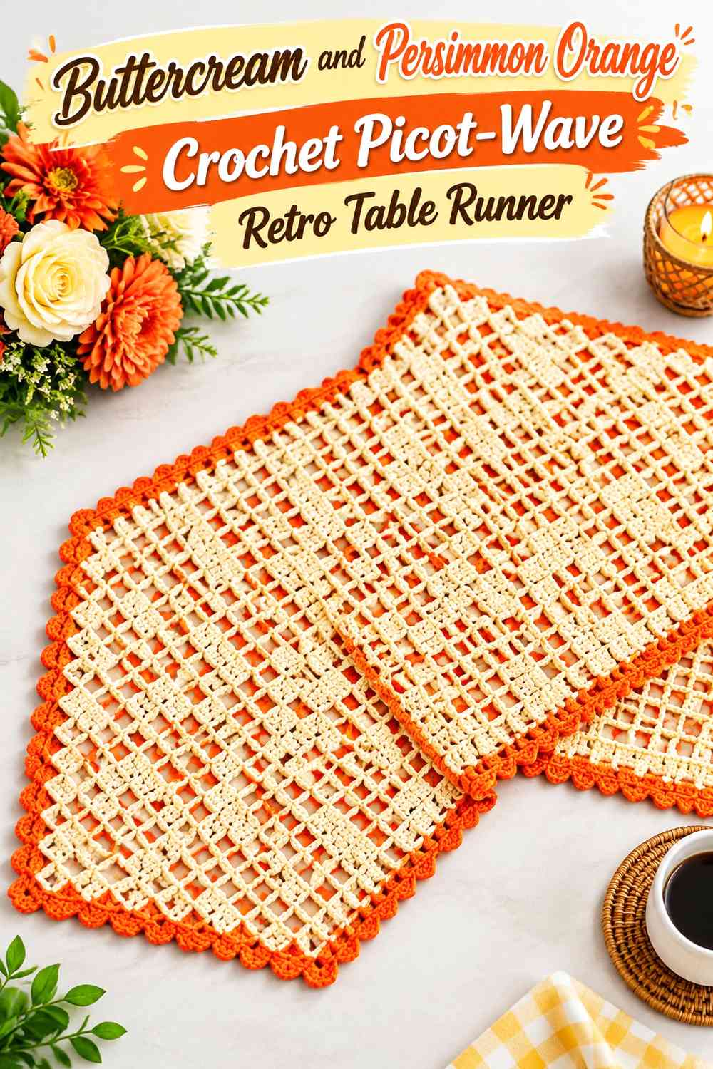 Buttercream and Persimmon Orange Crochet Picot-Wave Retro Table Runner