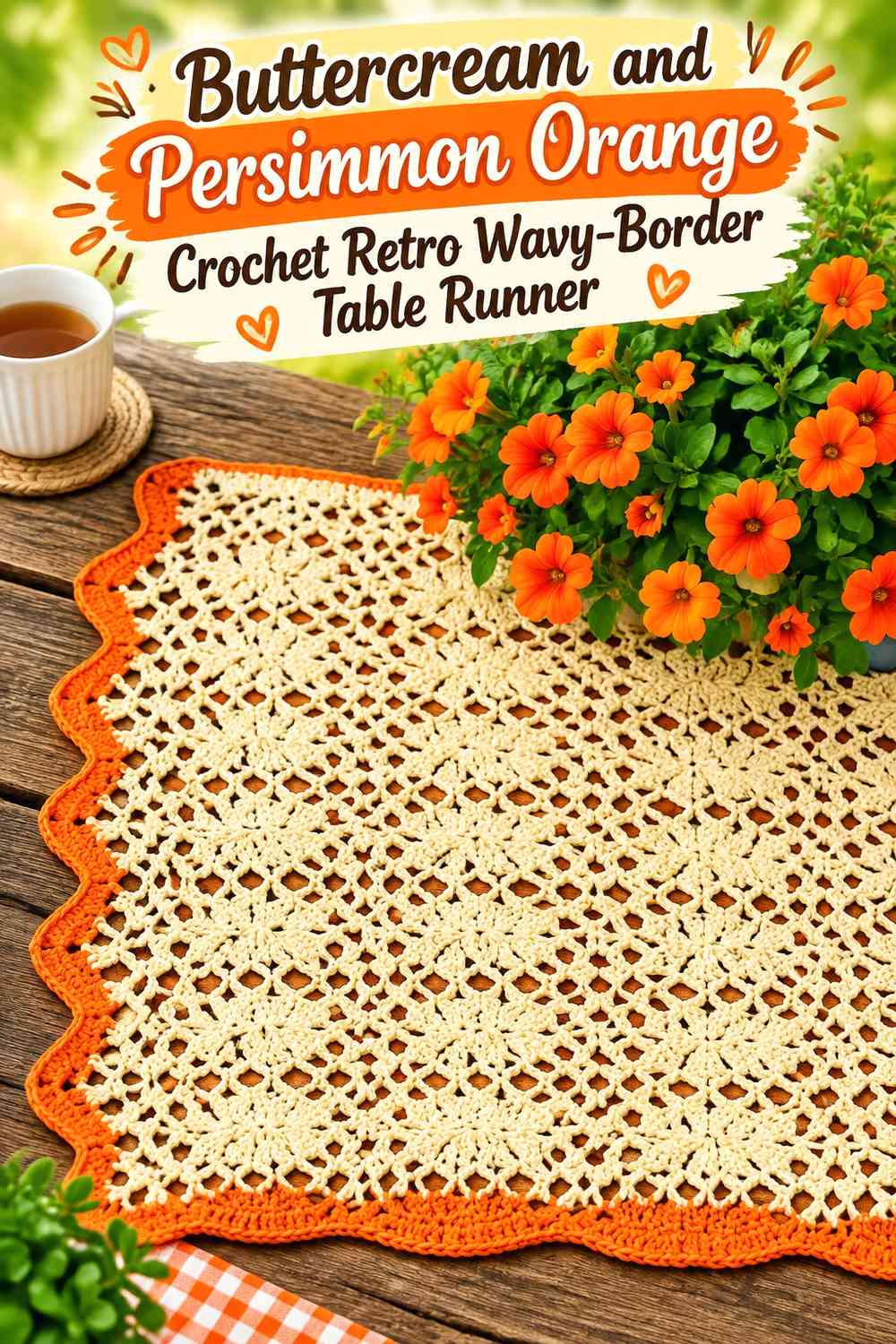 Buttercream and Persimmon Orange Crochet Retro Wavy-Border Table Runner