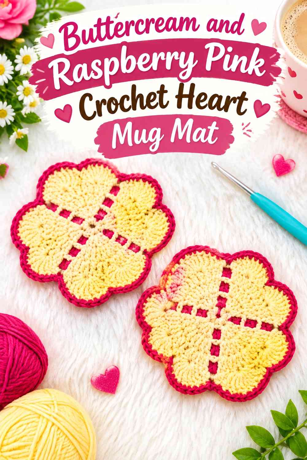 Buttercream and Raspberry Pink Crochet Heart Mug Mat