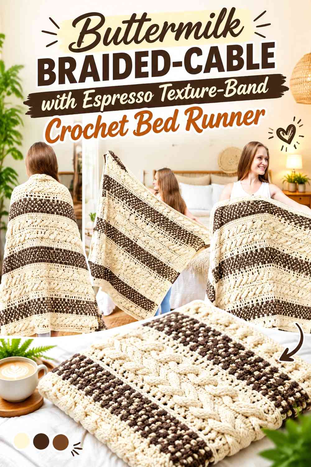 Buttermilk Braided-Cable with Espresso Texture-Band Crochet Bed Runner