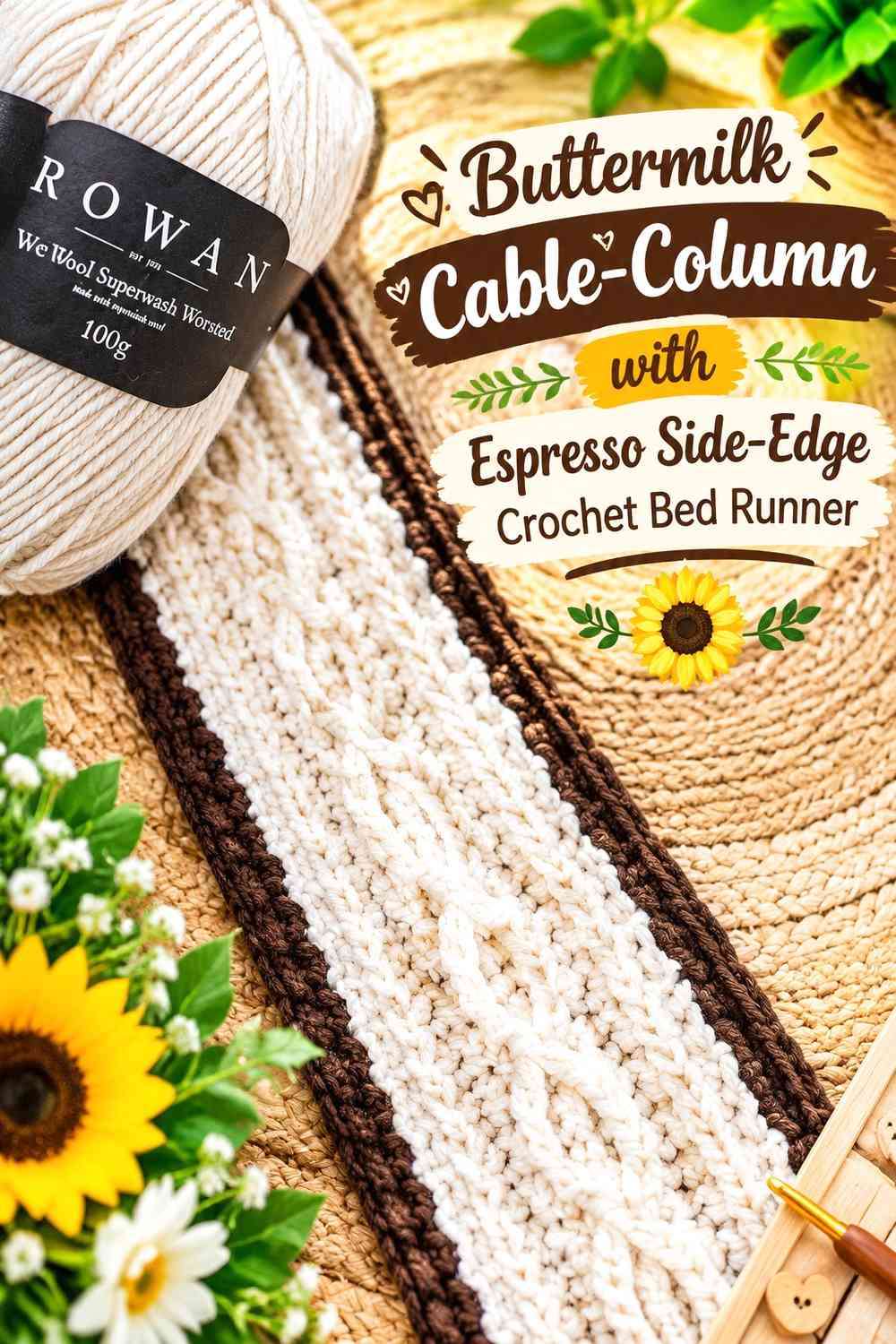 Buttermilk Cable-Column with Espresso Side-Edge Crochet Bed Runner