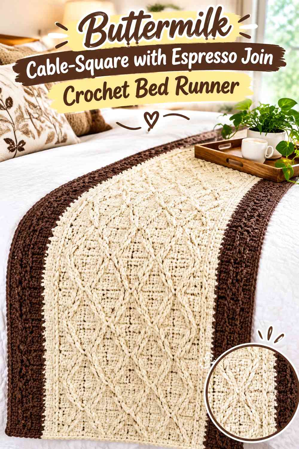 Buttermilk Cable-Square with Espresso Join Crochet Bed Runner