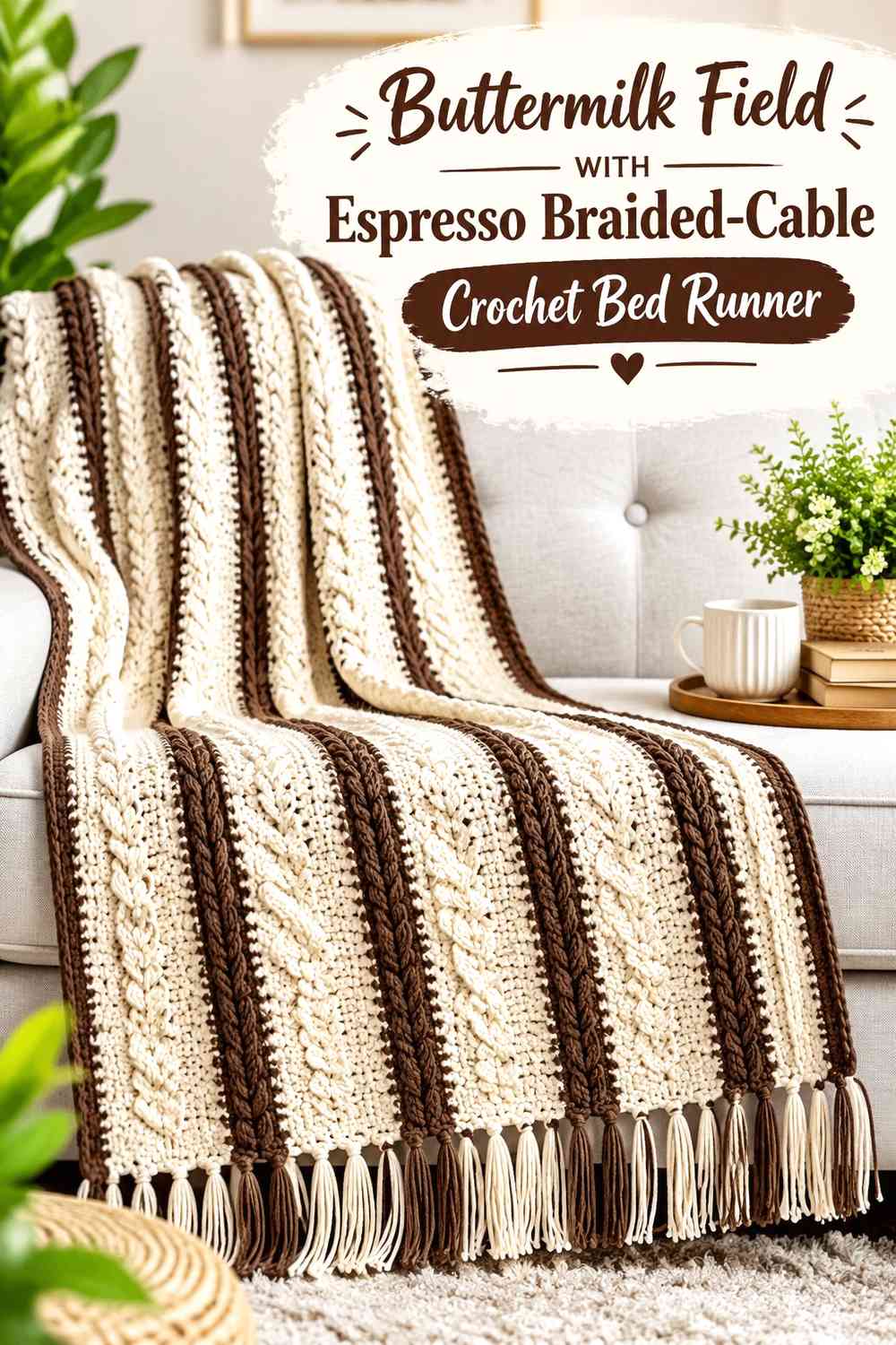 Buttermilk Field with Espresso Braided-Cable Crochet Bed Runner