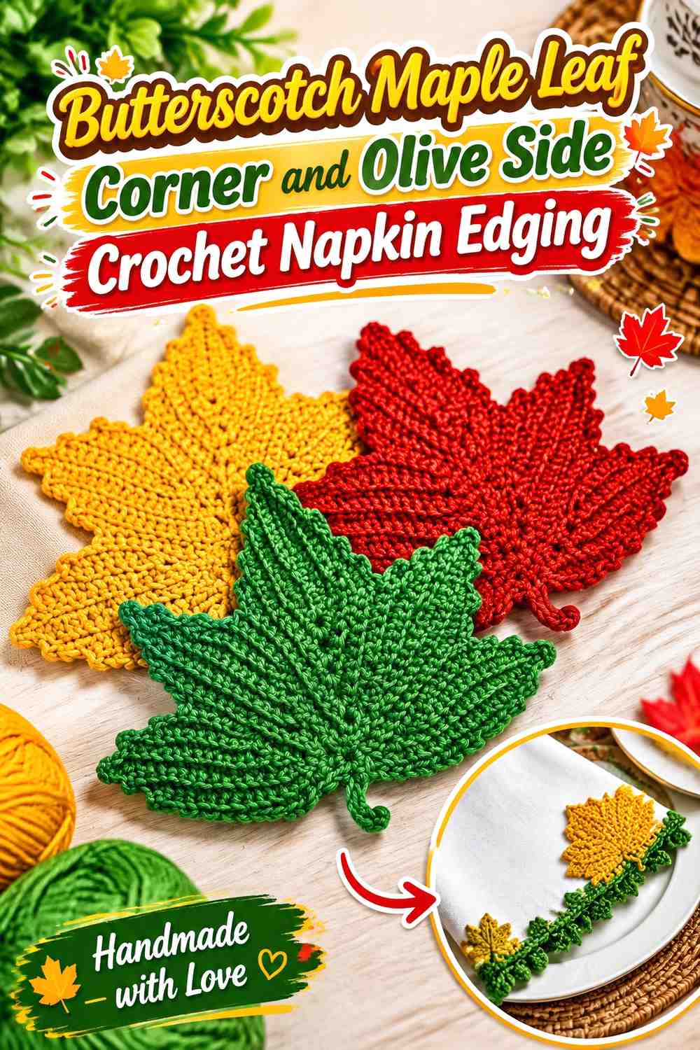 Butterscotch Maple Leaf Corner and Olive Side Crochet Napkin Edging