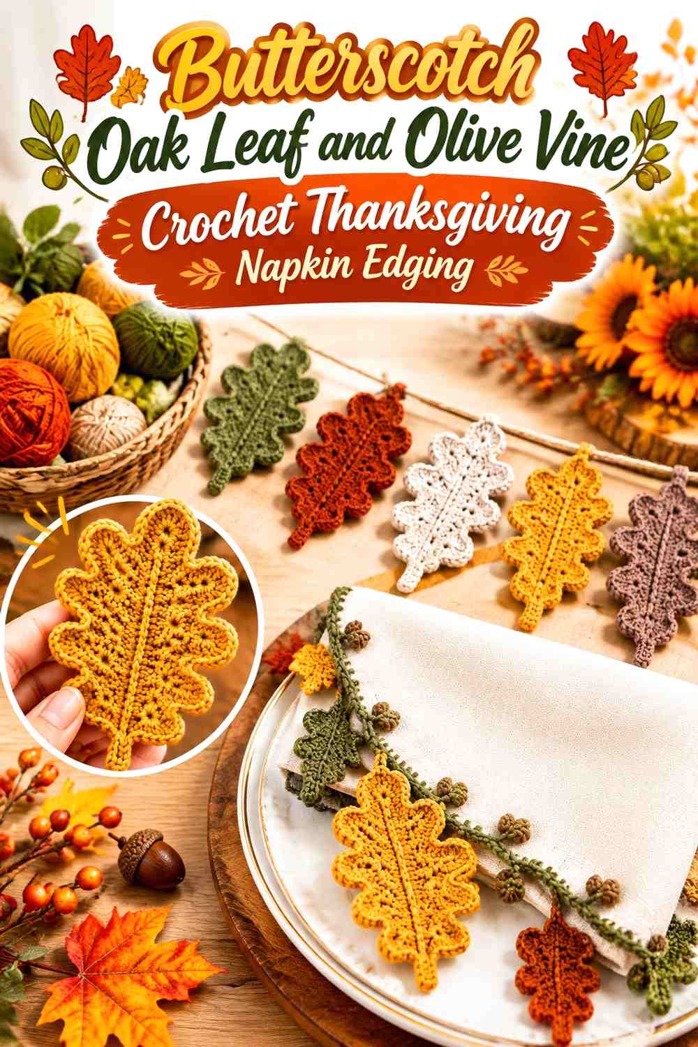 Butterscotch Oak Leaf and Olive Vine Crochet Thanksgiving Napkin Edging