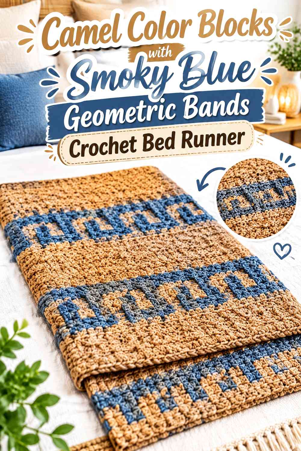 Camel Color Blocks with Smoky Blue Geometric Bands Crochet Bed Runner
