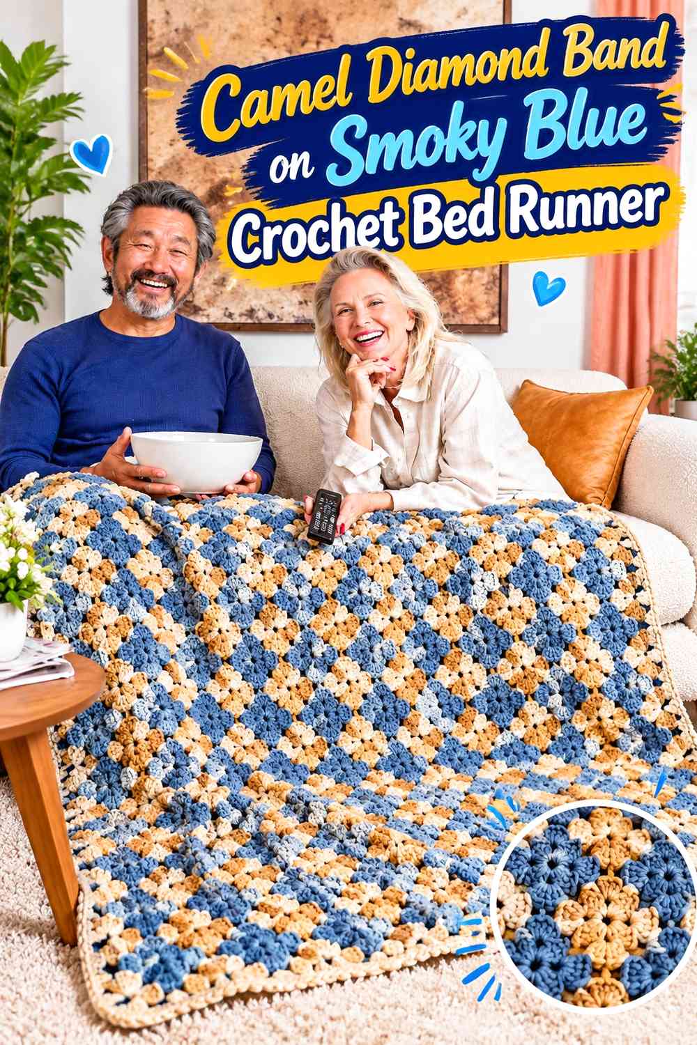 Camel Diamond Band on Smoky Blue Crochet Bed Runner