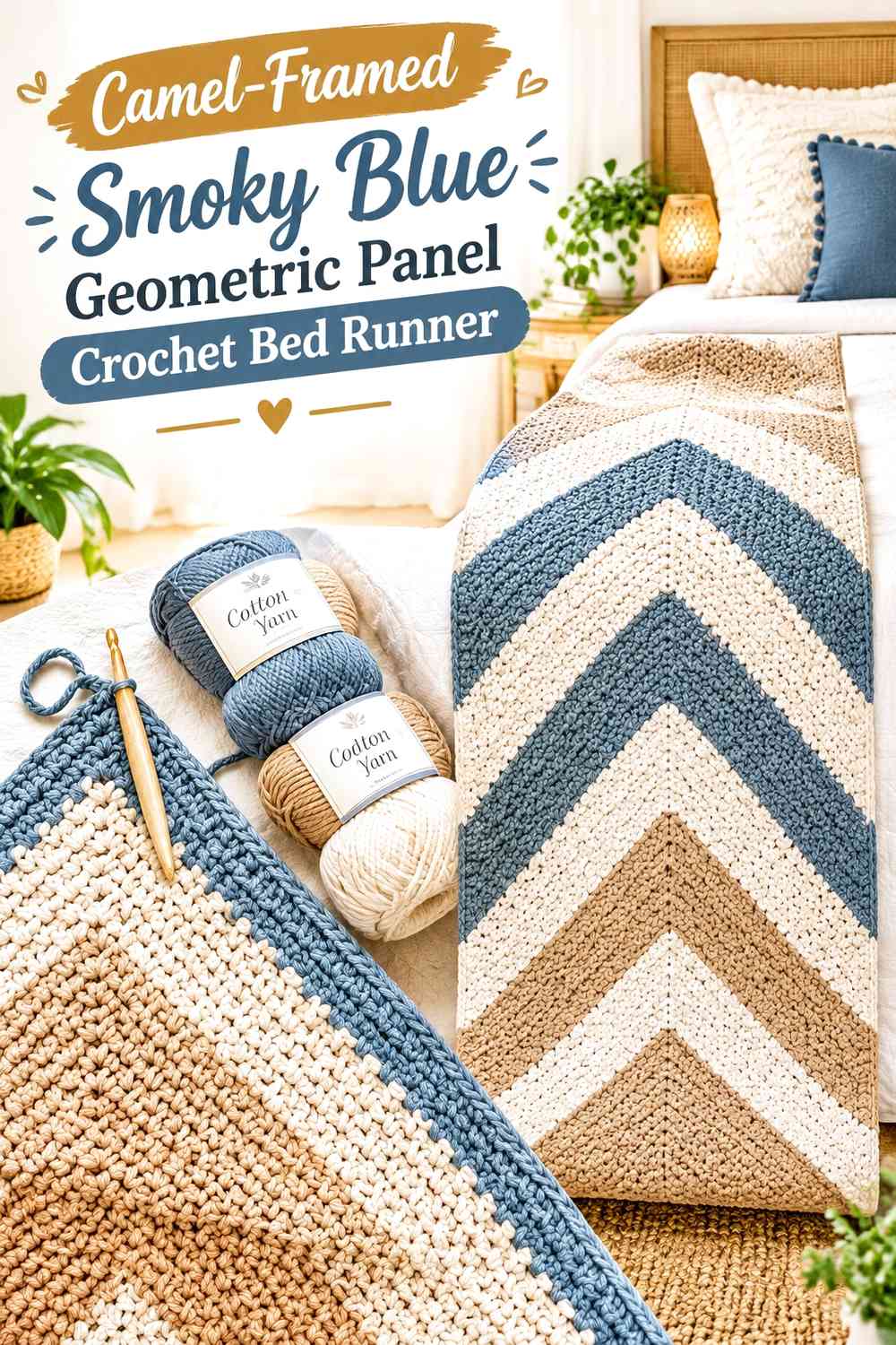 Camel-Framed Smoky Blue Geometric Panel Crochet Bed Runner