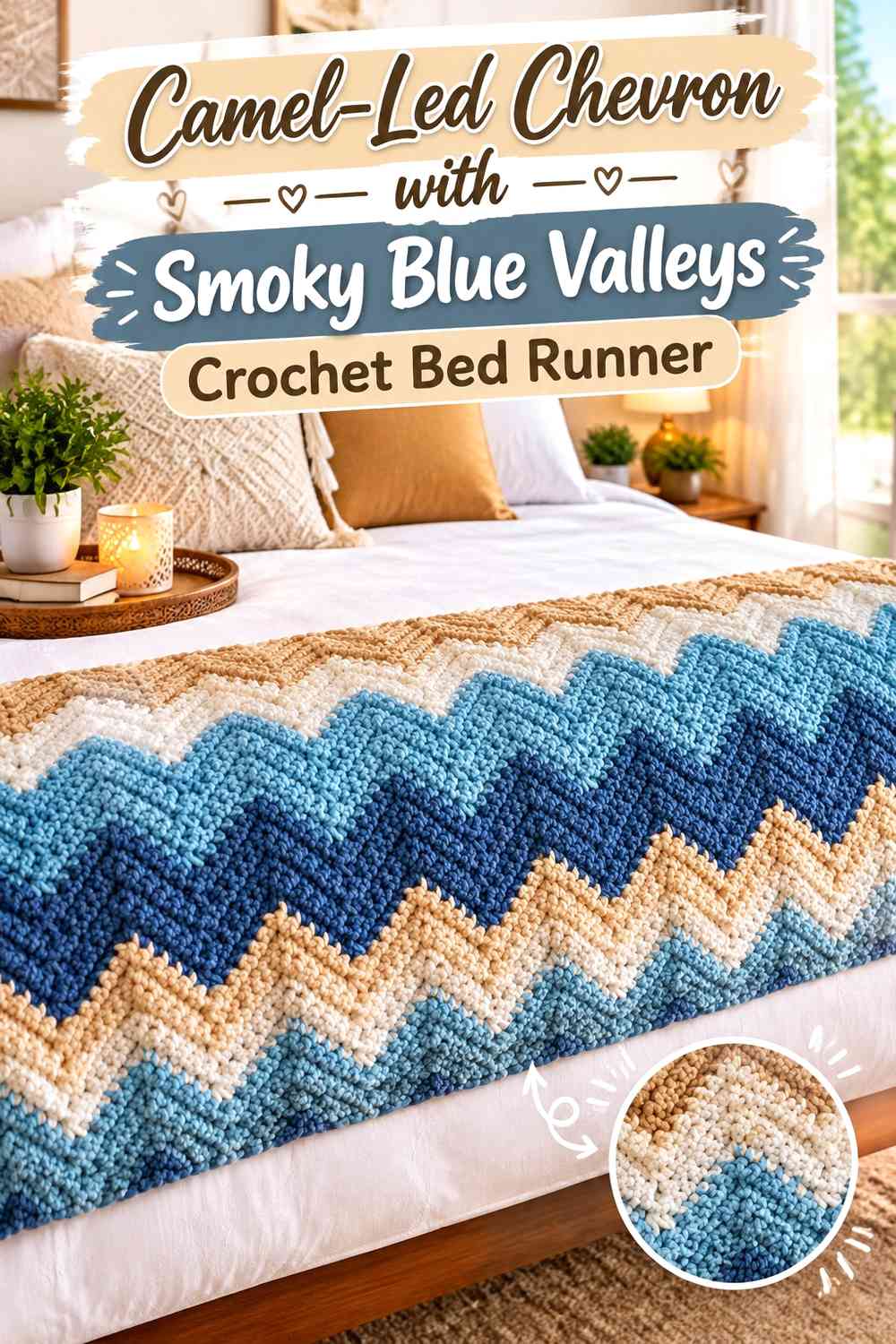 Camel-Led Chevron with Smoky Blue Valleys Crochet Bed Runner
