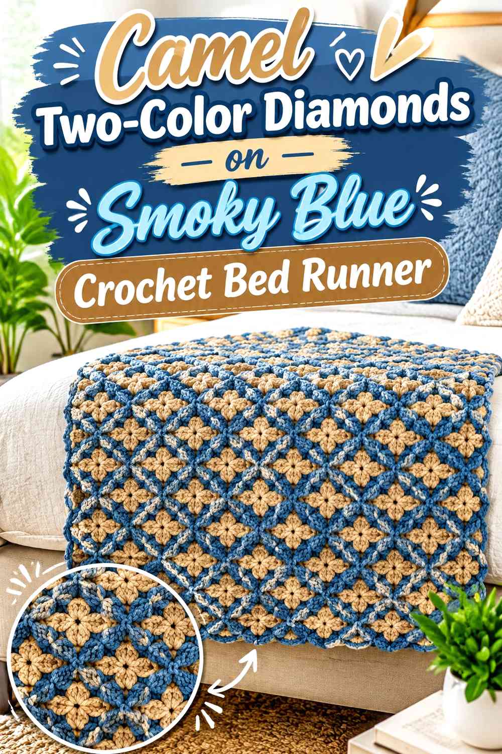 Camel Two-Color Diamonds on Smoky Blue Crochet Bed Runner