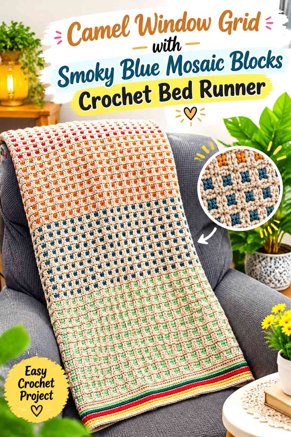 Camel Window Grid with Smoky Blue Mosaic Blocks Crochet Bed Runner