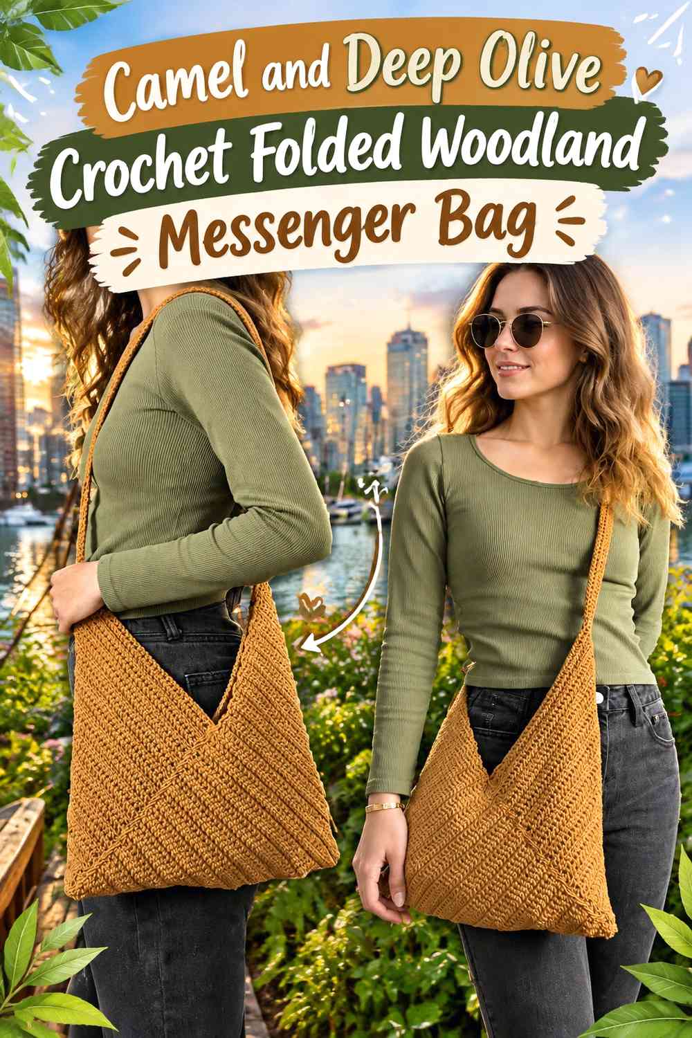 Camel and Deep Olive Crochet Folded Woodland Messenger Bag