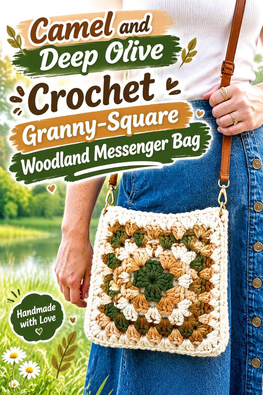 Camel and Deep Olive Crochet Granny-Square Woodland Messenger Bag