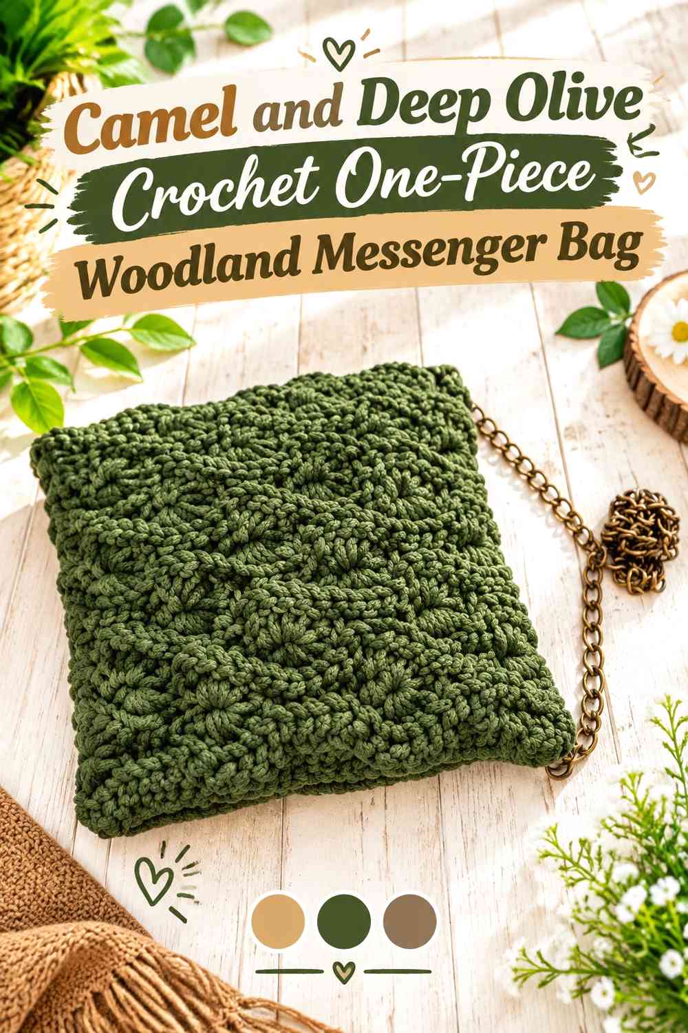 Camel and Deep Olive Crochet One-Piece Woodland Messenger Bag