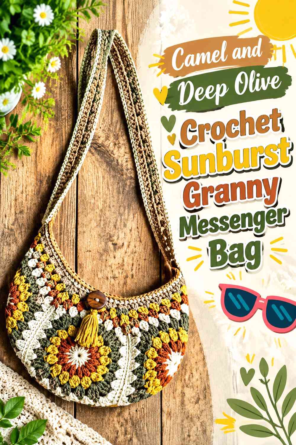 Camel and Deep Olive Crochet Sunburst Granny Messenger Bag