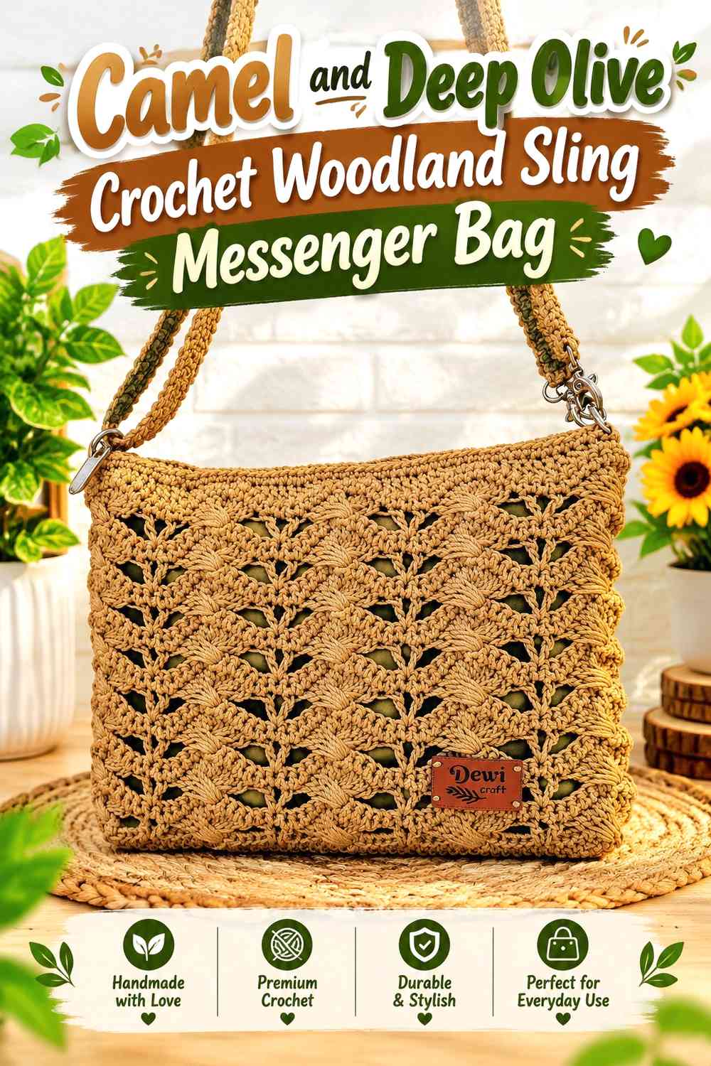 Camel and Deep Olive Crochet Woodland Sling Messenger Bag