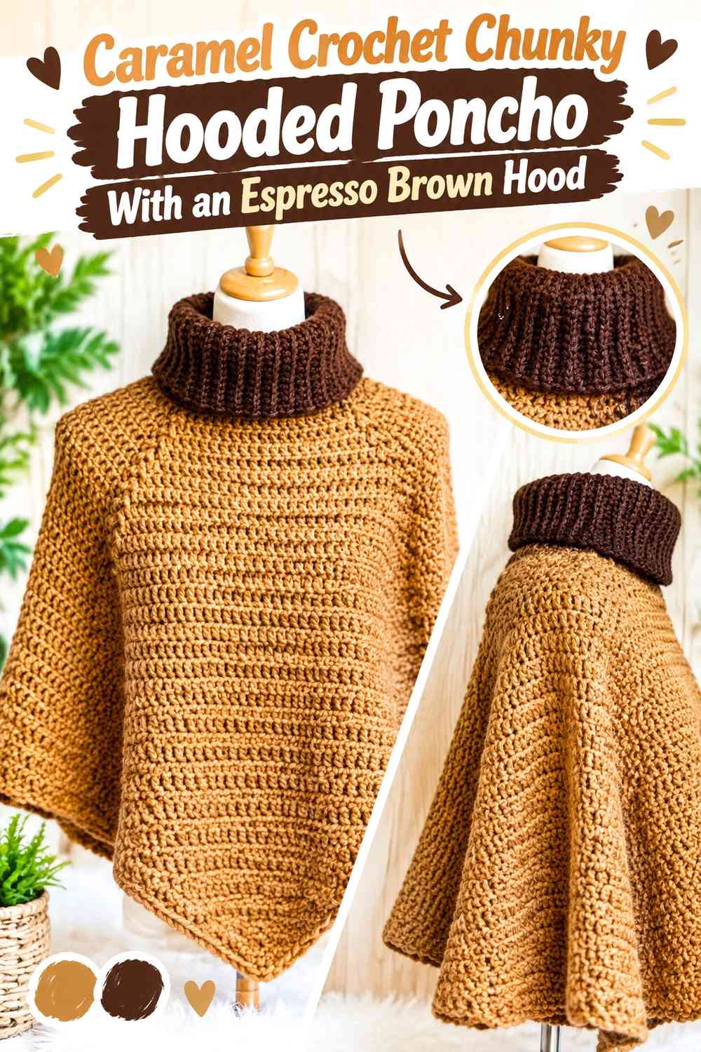 Caramel Crochet Chunky Hooded Poncho With an Espresso Brown Hood