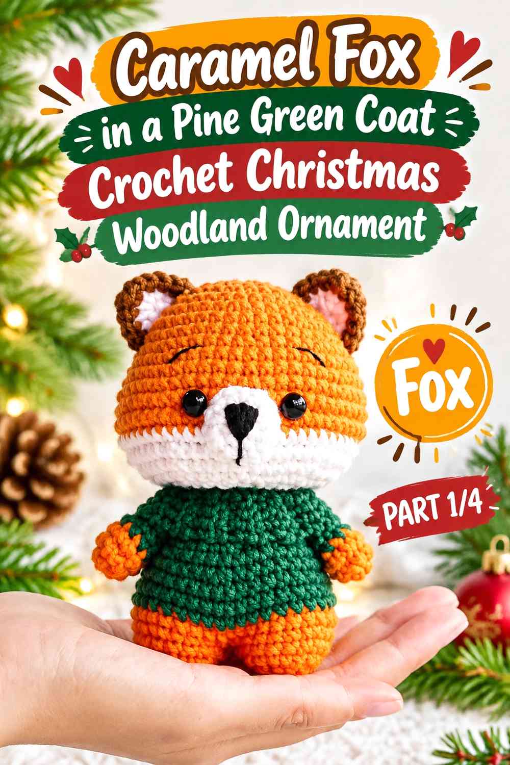 Caramel Fox in a Pine Green Coat Crochet Christmas Woodland Ornament