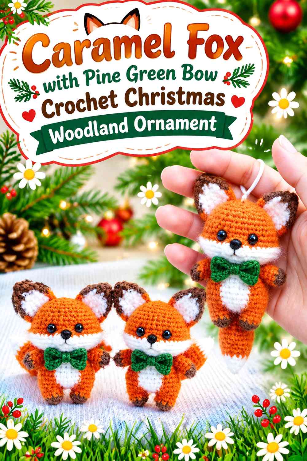 Caramel Fox with Pine Green Bow Crochet Christmas Woodland Ornament