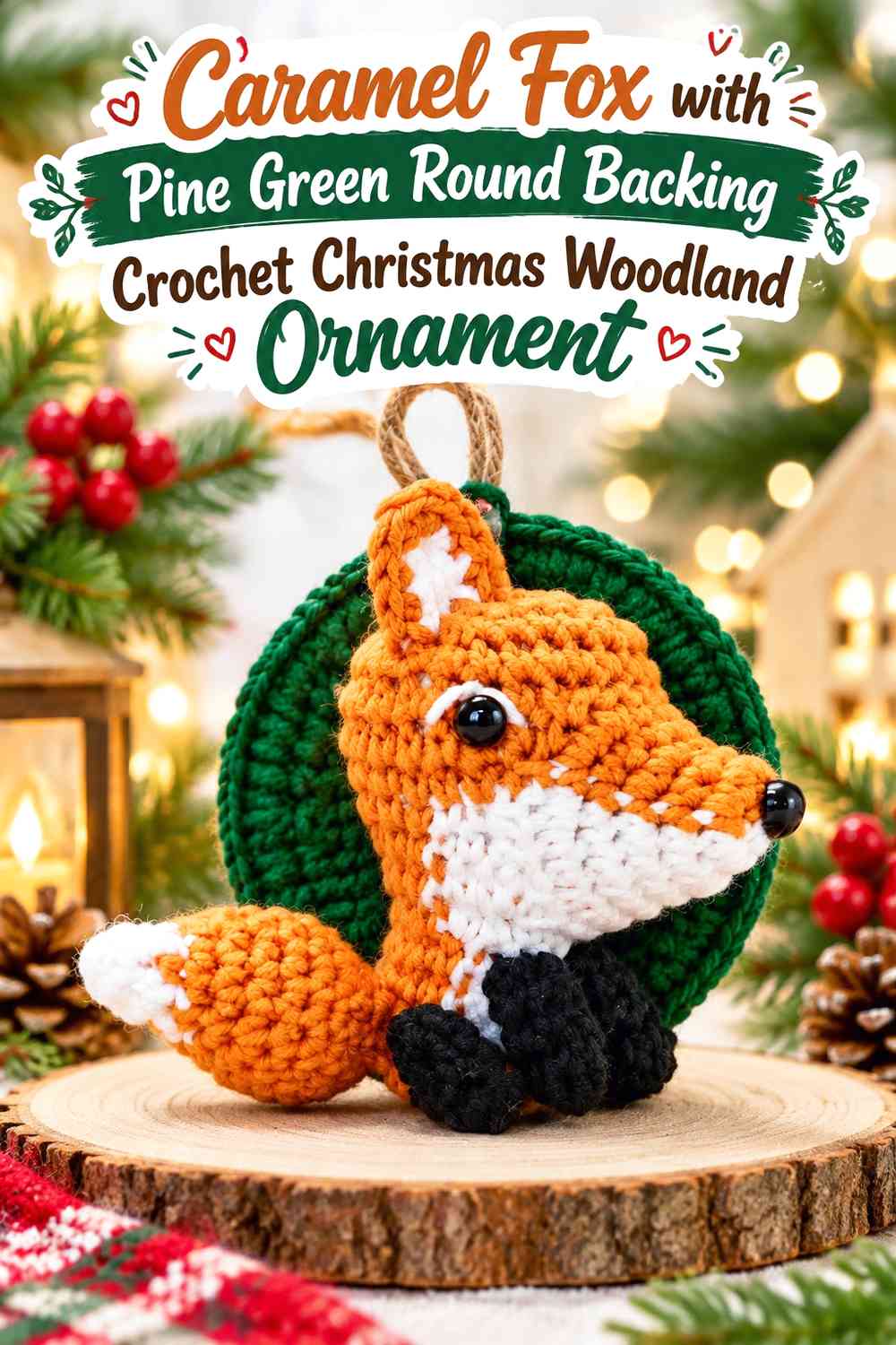 Caramel Fox with Pine Green Round Backing Crochet Christmas Woodland Ornament